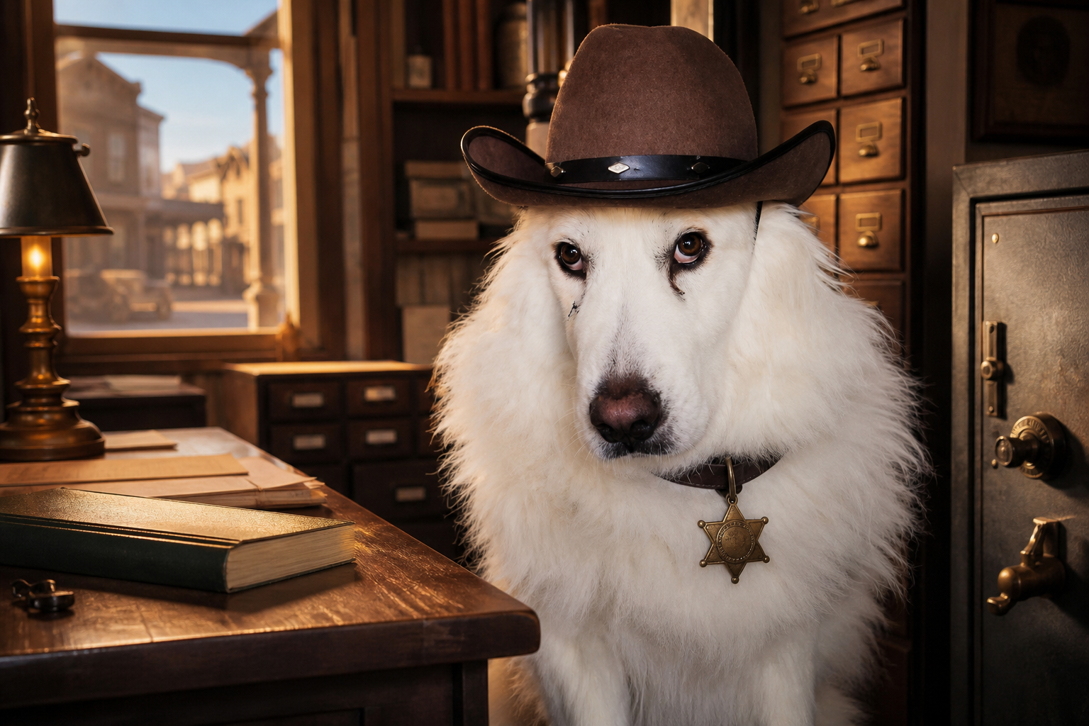 Marley, a white Great Pyrenees dressed as a sheriff in a secure records office.